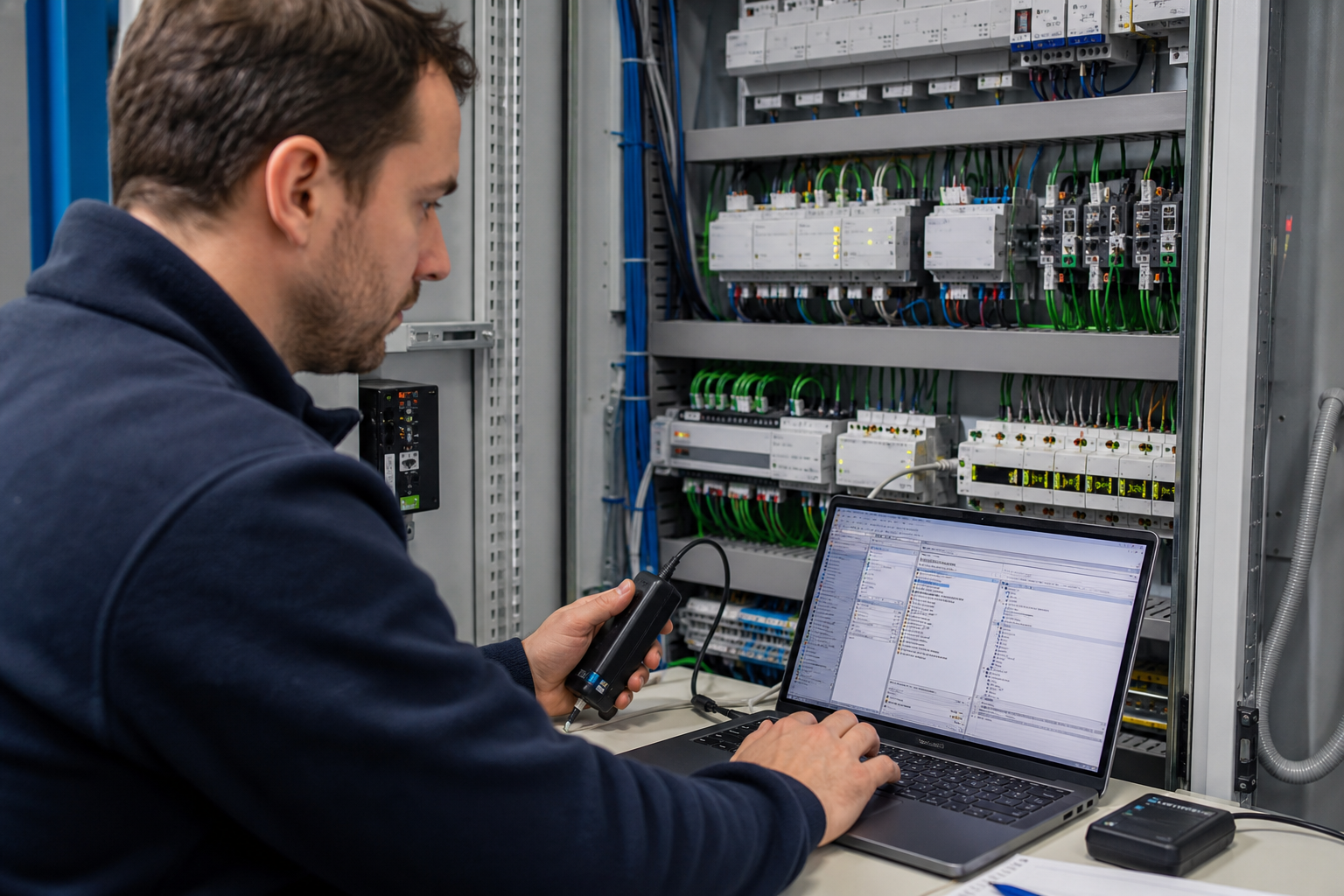 工程师在 KNX 控制柜前进行报文与设备调试