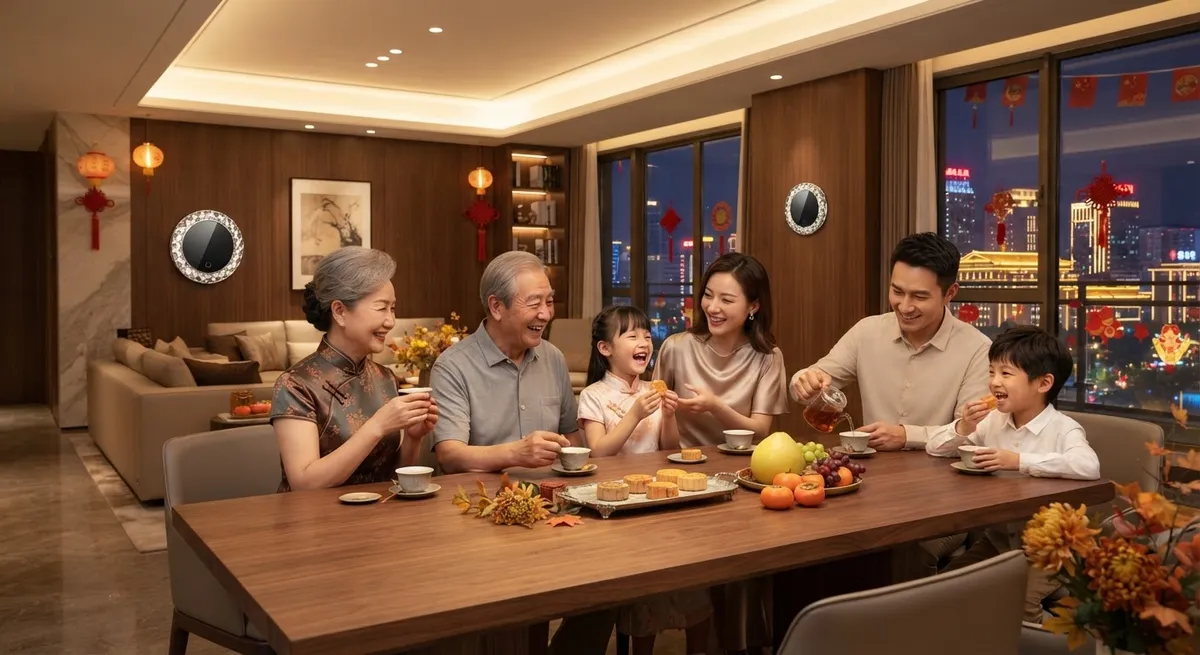 三代同堂华人家庭在温馨暖光的大宅客厅欢聚品茶赏月,共庆中秋国庆双节,AI 场景示意